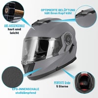 Cască moto modulară Vinz Santos, cu vizieră rabatabilă și ochelari de soare integrați, certificare ECE 22.06, pregătită pentru Pinlock, gri titan mat, mărimi XS-XXL, pentru bărbați și femei 4