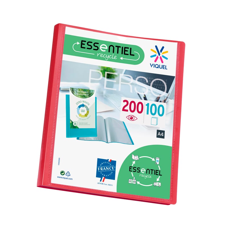 Viquel Essentiel zakladač na dokumenty A4 s 200 listami, 100 kvalitných vreciek, červený, prispôsobiteľný, francúzska výroba