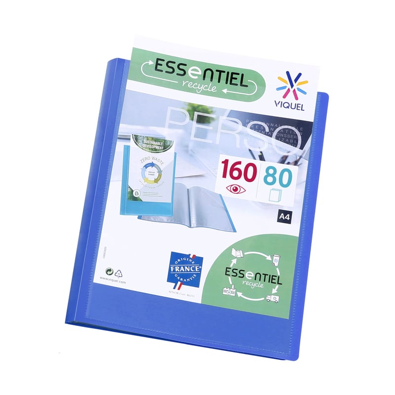 Dosar de prezentare Viquel Essentiel Recycled, 160 de buzunare, A4, cu copertă personalizabilă, folii transparente netede, albastru