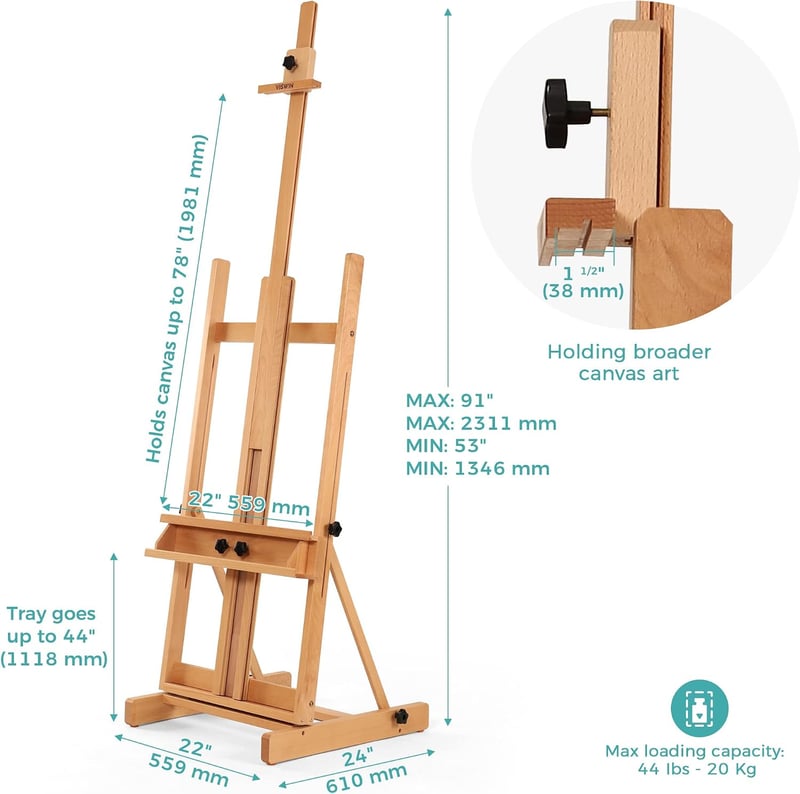 VISWIN Nagyméretű Fa H Festőállvány, Állítható Bükk Festőállvány 135-231 cm