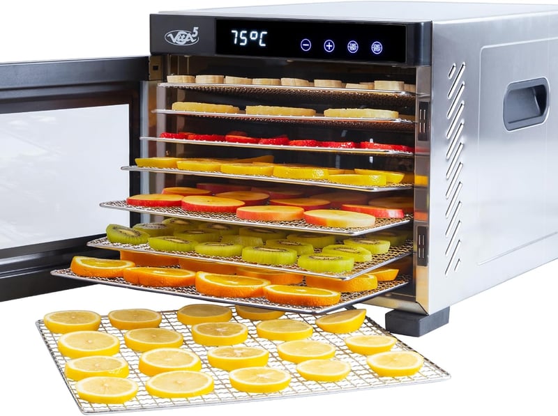 Vita5 Aszalógép 7 Rozsdamentes Ráccsal, 650W, 35-75°C Hőmérséklet Szabályozás, 24H Timer