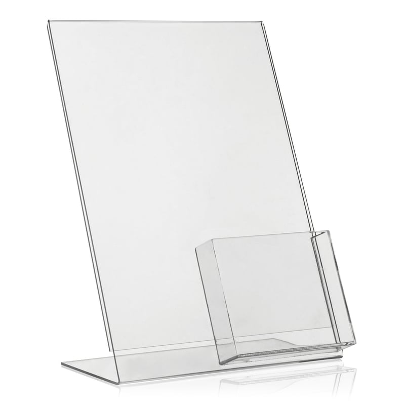 Stojan na reklamné materiály VITAdisplays DIN A4 v tvare L s extra priehradkami DIN A6 a DL, stolové vyhotovenie z originálneho materiálu Plexiglas