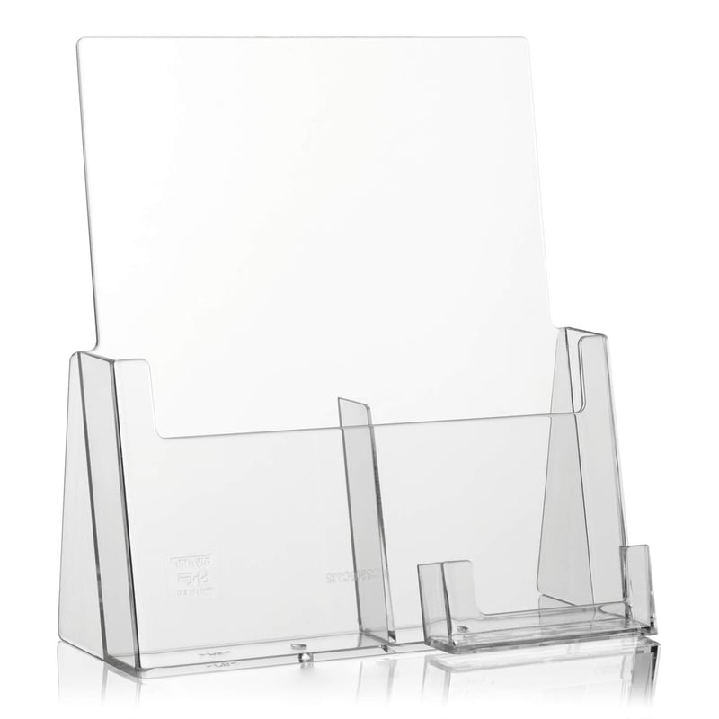 VITAdisplays stojan na prospekty DIN dlhý formát s 2 priehradkami a držiakom na vizitky, priehľadný, 22,5x9,9x25 cm