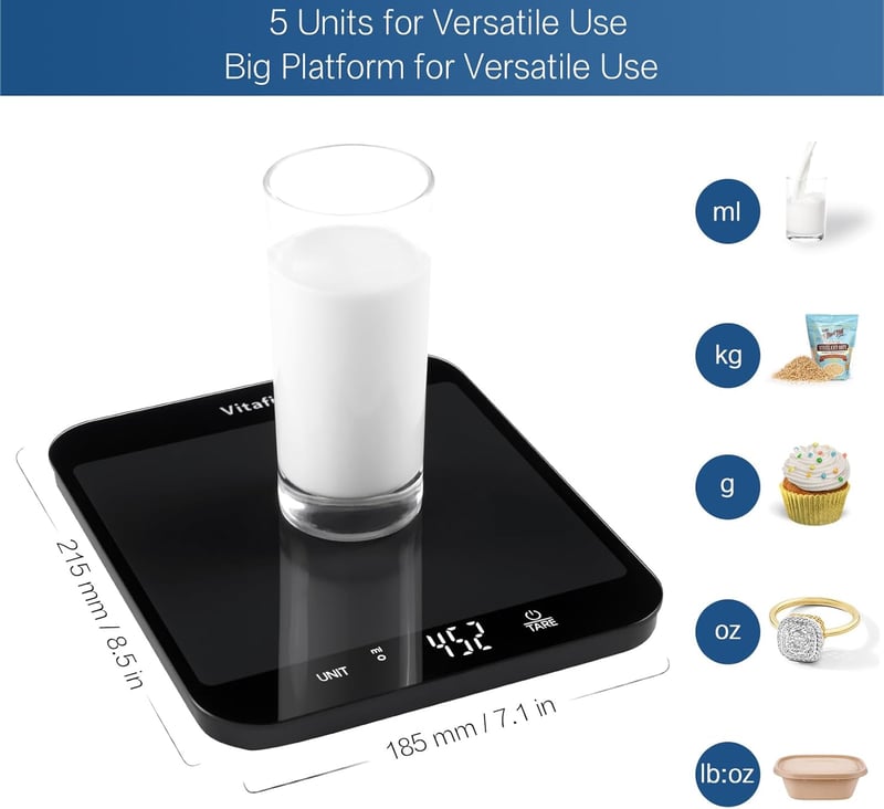 Vitafit 15 kg digitális konyhai mérleg 1g pontossággal, nagy platform, fekete
