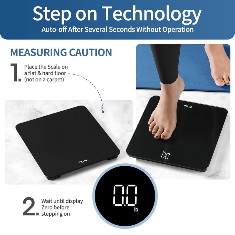 Vitafit digitális fürdőszobai mérleg 180 kg-ig, LED kijelzővel és lépésre aktiválódó funkcióval