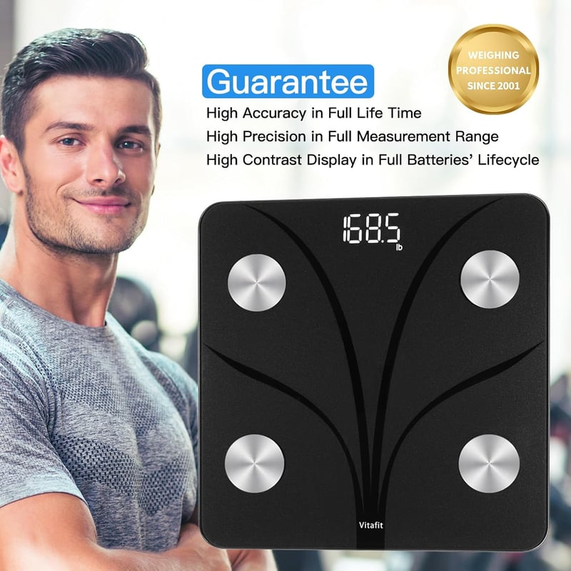 Vitafit Digitális Testzsírmérleg Bluetooth Applikációval, 182 kg Teherbírás, Testösszetétel Analizáló, BMI, Izomtömeg Mérés, LED Kijelző, Fe