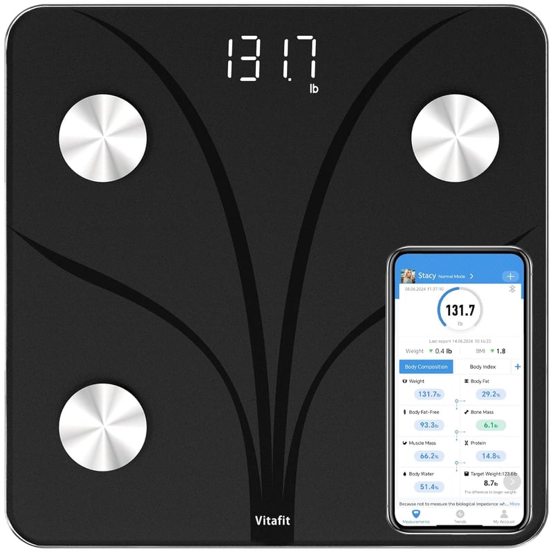 Vitafit Digitális Testzsírmérleg Bluetooth Applikációval, 182 kg Teherbírás, Testösszetétel Analizáló, BMI, Izomtömeg Mérés, LED Kijelző, Fe