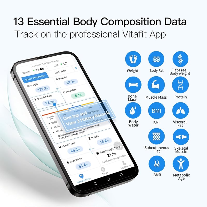 Vitafit Digitális Testzsírmérleg Bluetooth Applikációval, 182 kg Teherbírás, Testösszetétel Analizáló, BMI, Izomtömeg Mérés, LED Kijelző, Fe