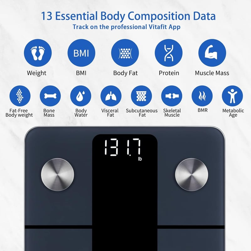 Vitafit Személyi Mérleg Testzsír Elemzéssel, Bluetooth, 182 kg, Fekete