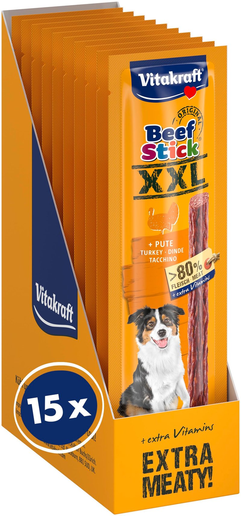 Vitakraft Beef Stick XXL Maškrta pre psov s morčacím mäsom – Tréningová odmena bez pridaného cukru, 15 x 30 g