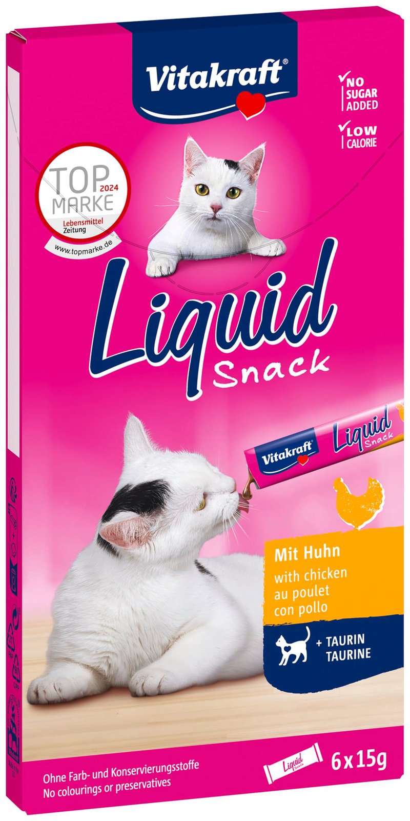 Vitakraft Liquid Snack pentru pisici cu pui și taurină, recompensă cremoasă lichidă, 6x15g, pentru susținerea vederii și a inimii
