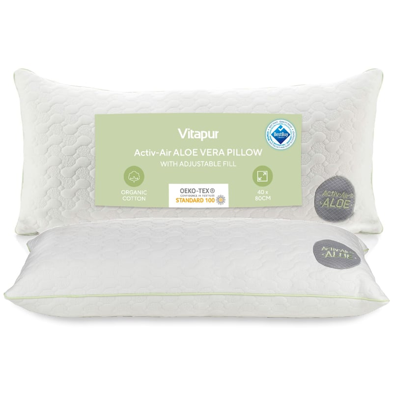 Pernă Vitapur Aloe Vera 40x80 cm – Răcoroasă vara, caldă iarna, înălțime reglabilă, respirabilă, ideală pentru cei care dorm pe o parte, lavabilă la 60°C