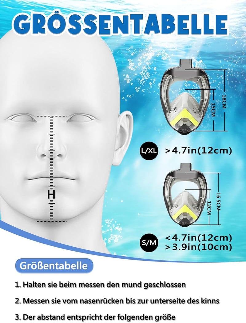 Vitare teljes arcú snorkel maszk 180° látómezővel, felnőtteknek és gyerekeknek, kamera klippel