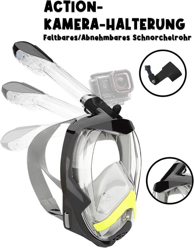 Vitare teljes arcú snorkel maszk 180° látómezővel, felnőtteknek és gyerekeknek, kamera klippel