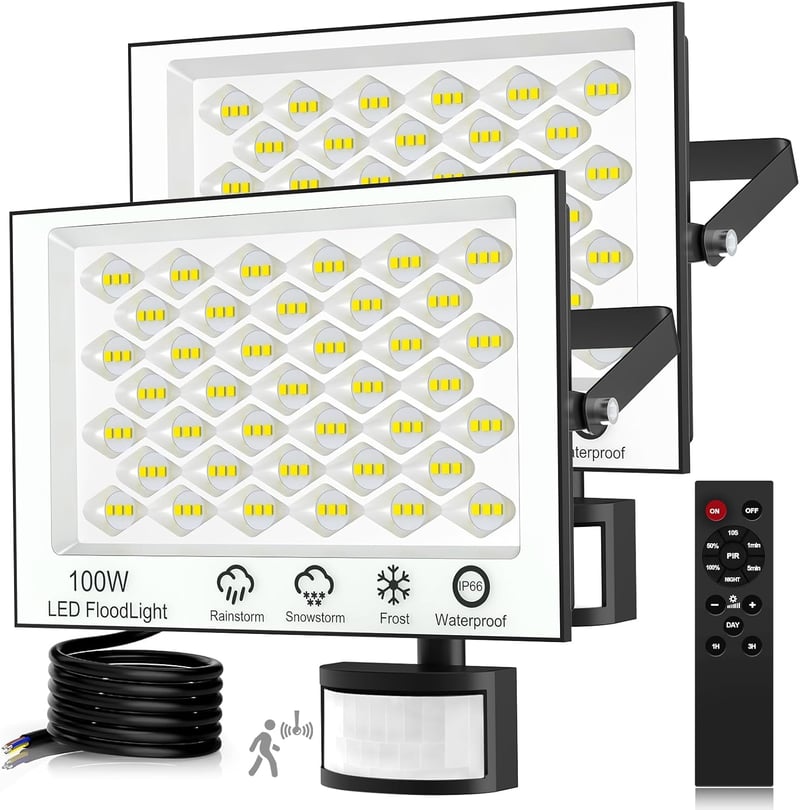 Viugreum 2 db 100W LED reflektor mozgásérzékelővel, 10000 lm, IP66 vízálló kültéri lámpa