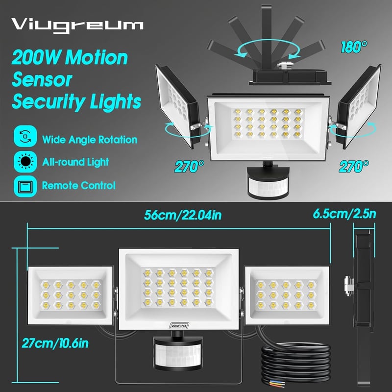 Viugreum 200W LED reflektor mozgásérzékelővel, 30000 lm, távirányítóval, IP66