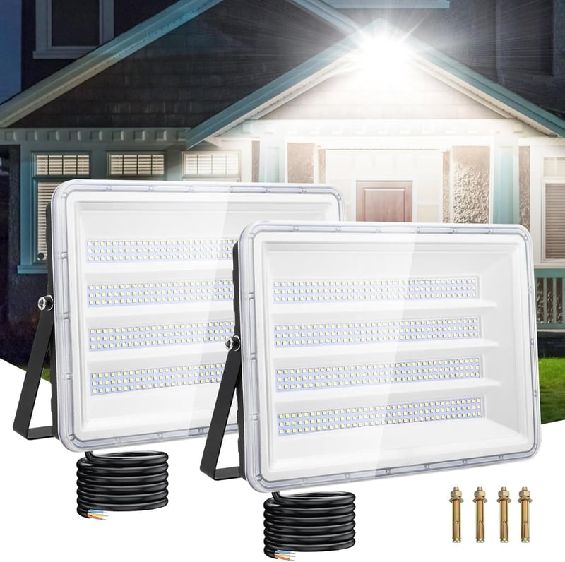 Viugreum LED Kültéri Reflektor, 2 db, 300W, 30000 lm, IP66 Vízálló, 6500K Hideg Fehér, 120° Szórási Szög, 80 cm Kábellel, Kerthez, Garázshoz