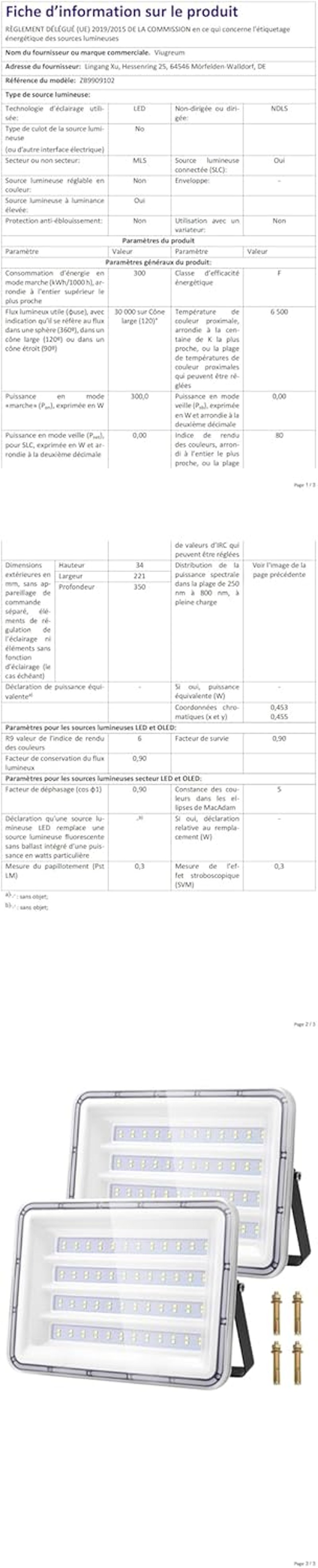 Viugreum LED Kültéri Reflektor, 2 db, 300W, 30000 lm, IP66 Vízálló, 6500K Hideg Fehér, 120° Szórási Szög, 80 cm Kábellel, Kerthez, Garázshoz