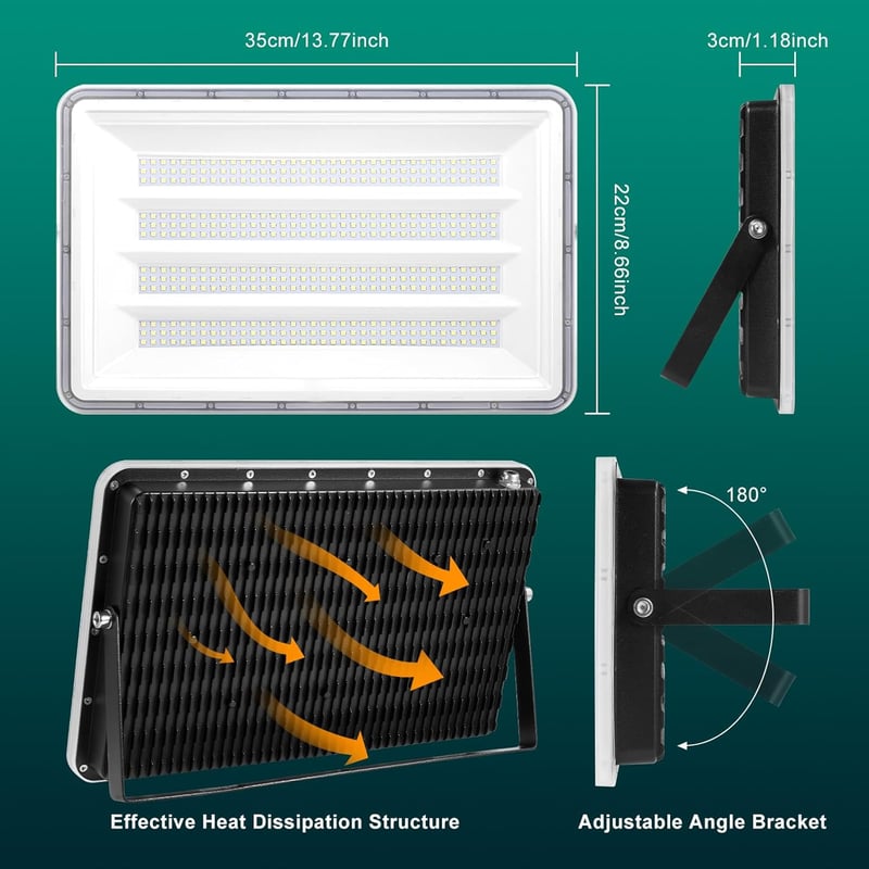Viugreum LED Kültéri Reflektor, 2 db, 300W, 30000 lm, IP66 Vízálló, 6500K Hideg Fehér, 120° Szórási Szög, 80 cm Kábellel, Kerthez, Garázshoz