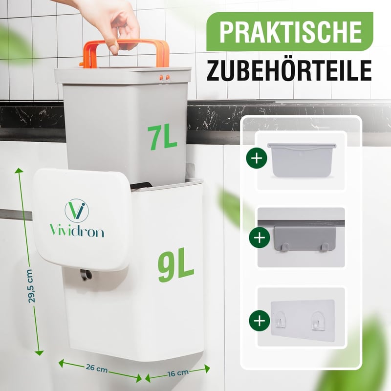 Vividron Konyhai Komposztáló Edény Fedéllel 9L - Fehér Bio Hulladék Gyűjtő Két Tartállyal - Akasztható Szekrény Alá