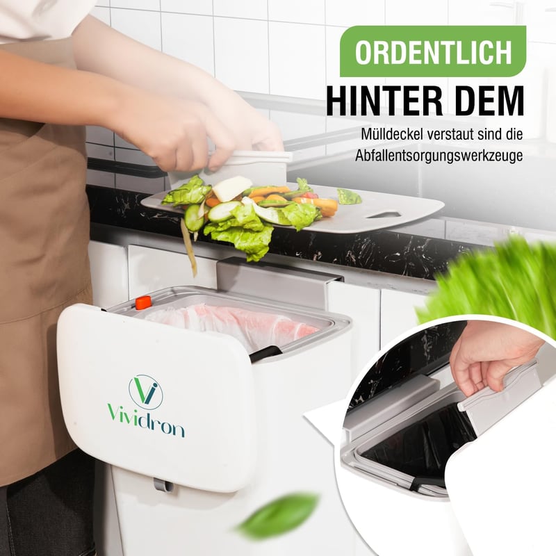 Vividron Konyhai Komposztáló Edény Fedéllel 9L - Fehér Bio Hulladék Gyűjtő Két Tartállyal - Akasztható Szekrény Alá