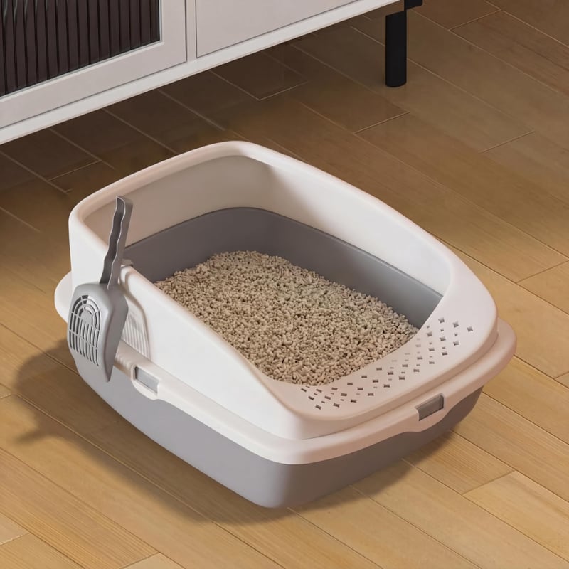 Otvorená toaleta pre mačky Vivo Technologies s lopatkou – sivá – 49x38x23 cm