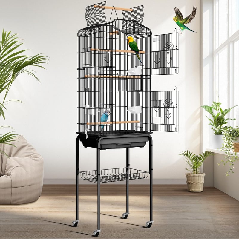 VIVOHOME 152cm Magas Madárkalitka Játéktetővel és Görgős Állvánnyal Papagájoknak Perészpapagájoknak