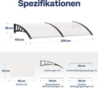 VIVOHOME 200x100cm Polikarbonát Ajtó Előtető Átlátszó Íves Esővédelem Napsugárzás Elleni Védelem 8