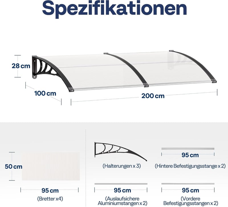 VIVOHOME 200x100cm Polikarbonát Ajtó Előtető Átlátszó Íves Esővédelem Napsugárzás Elleni Védelem