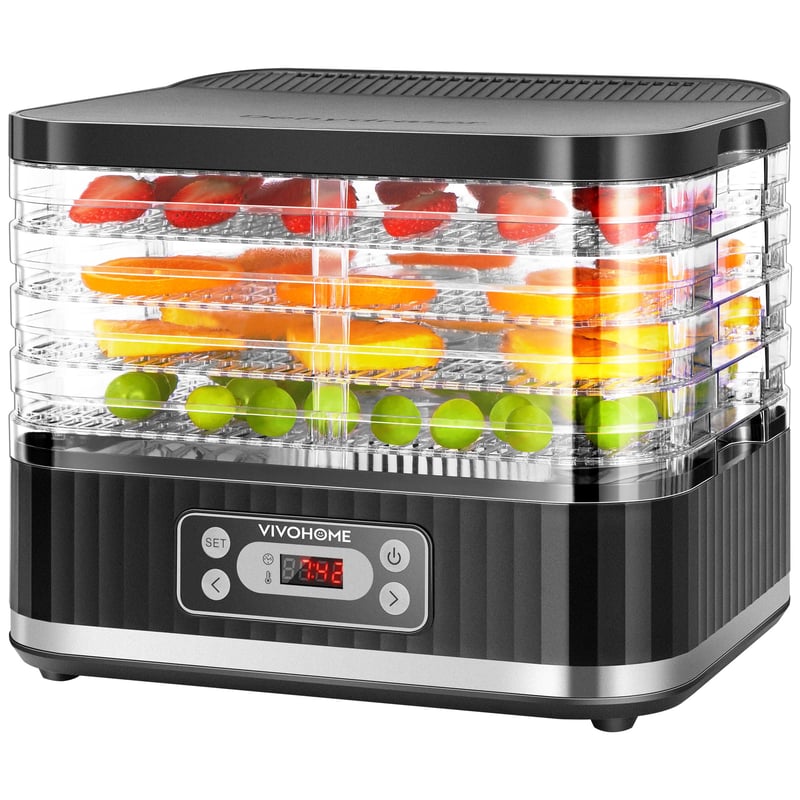 VIVOHOME Elektrická sušička potravín s 5 podnosmi, 400 W, bez BPA, regulácia teploty 35 – 70 °C, 72-hodinový digitálny časovač, na sušenie ovocia, zeleniny, mäsa a húb, čierna