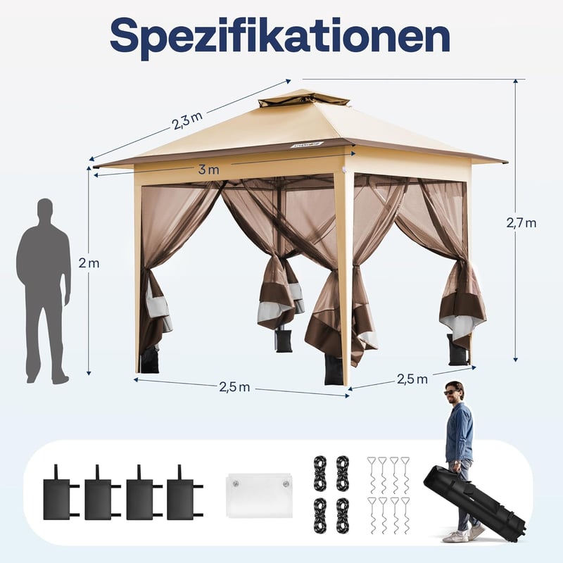 VIVOHOME Kerti Pavilon 3x3m Vízálló Szúnyoghálóval - Hordozható Rendezvénysátor Táskával Kempingezéshez, Piknikezéshez