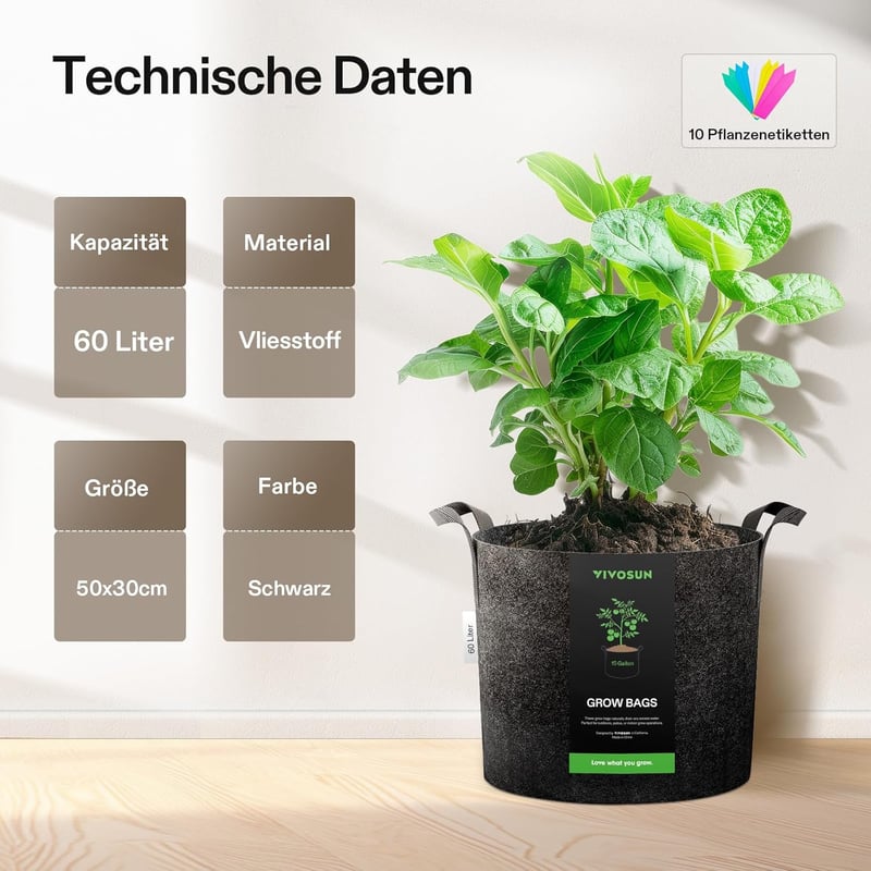 VIVOSUN 5 db-os 60 L Fekete Növénytermesztő Zsák Szett - Tartós Textil Ültetőzsák Fogantyúval, Vízelvezető Lyukakkal Zöldségekhez, Virágokho
