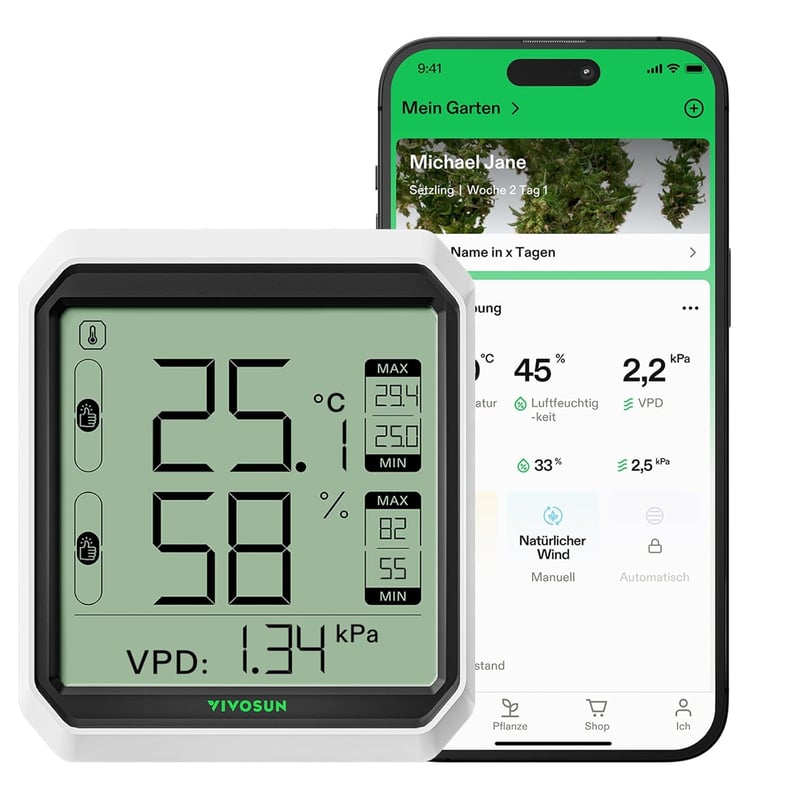 VIVOSUN AeroLab THB1 Bluetooth Hőmérő és Páratartalom Mérő - Digitális Kijelző, Adattárolás, Kettős Csatorna, VPD Mérés, Okos Hőmérséklet Mo