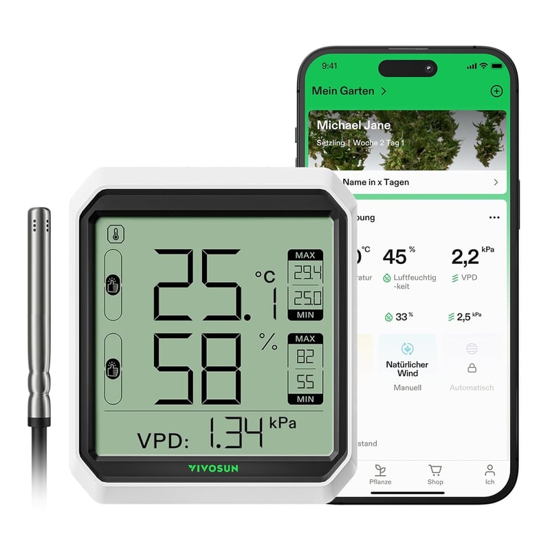 VIVOSUN AeroLab THB1S Bluetooth Hőmérő és Páratartalom Mérő, LCD Kijelzős Terrárium Monitor, VPD Mérés, Adatrögzítés, Külső Szenzorral