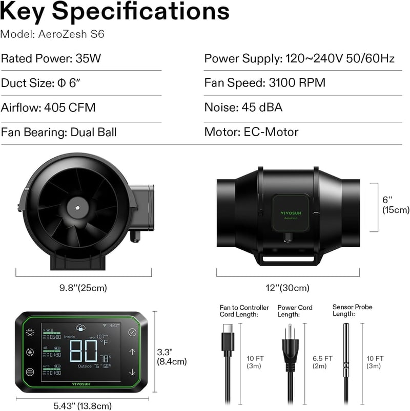 VIVOSUN AeroZesh S6 6" Csatornás Ventilátor 405 CFM WiFi Hőmérséklet Vezérlővel