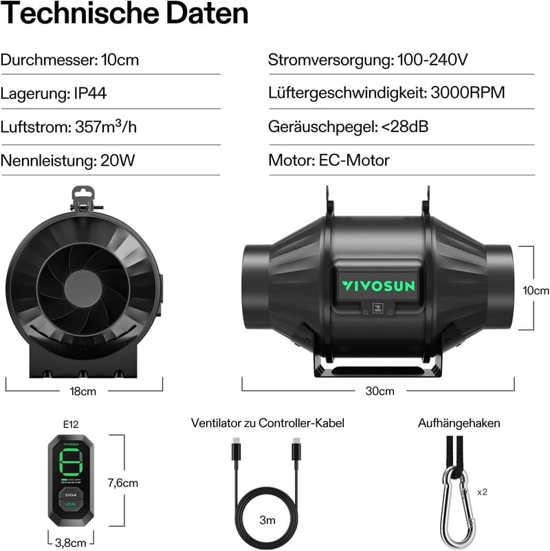 VIVOSUN AeroZesh T4 100mm Csatornás Ventilátor 357 m³/h PWM Szabályozással