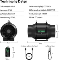 VIVOSUN AeroZesh T6 150mm Csatornás Ventilátor 693 m³/h PWM Szabályozóval 9