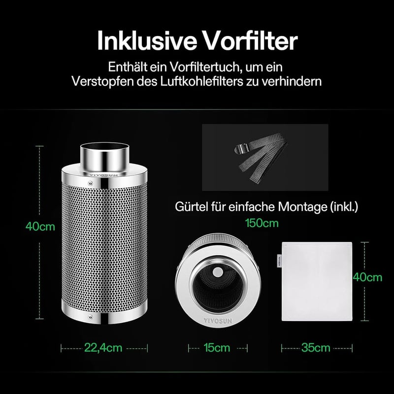 VIVOSUN Aktív Szénszűrő 150 mm - Szagtalanító Ausztrál Aktív Szénnel, Előszűrővel, Megfordítható Peremmel, Növénysátorhoz, 15x40 cm - Silver