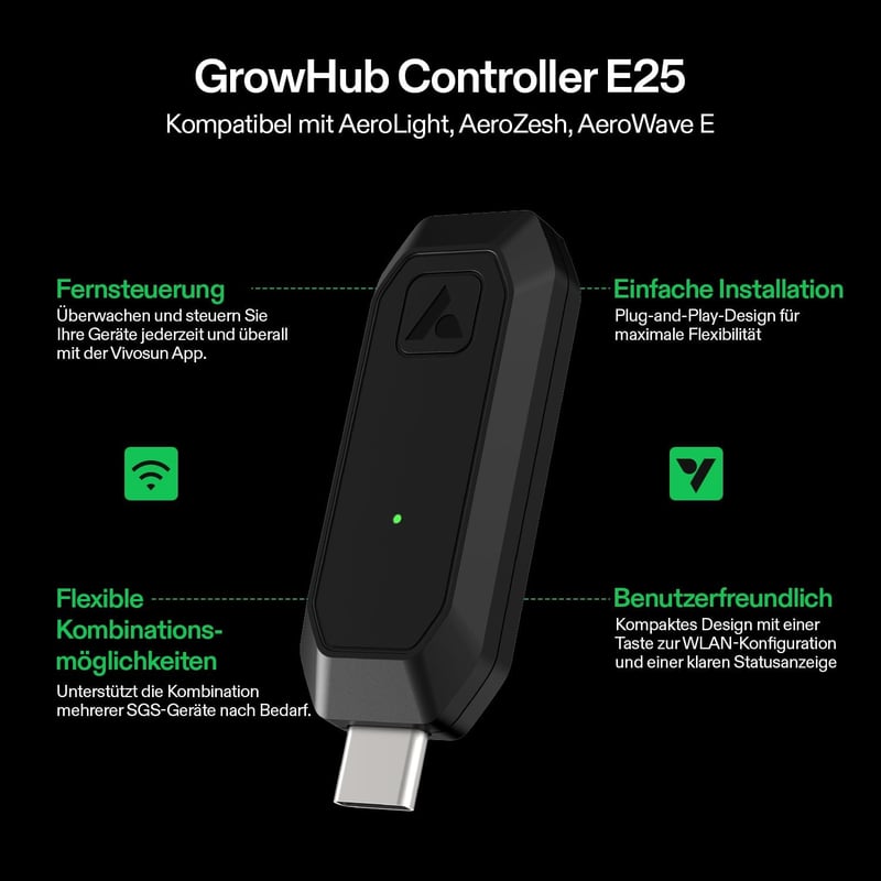 VIVOSUN GrowHub E25 Okos Vezérlő - WiFi-s Növénysátor Irányító Rendszer, E42/E42A Kompatibilis, Applikációval Vezérelhető Hidroponikus Eszkö