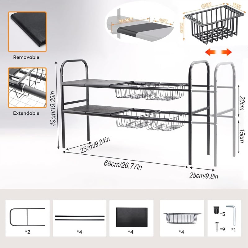 ViWaVee 2 szintes mosogató szervezőrendszer 4 kosárral és panelekkel 53-83 cm