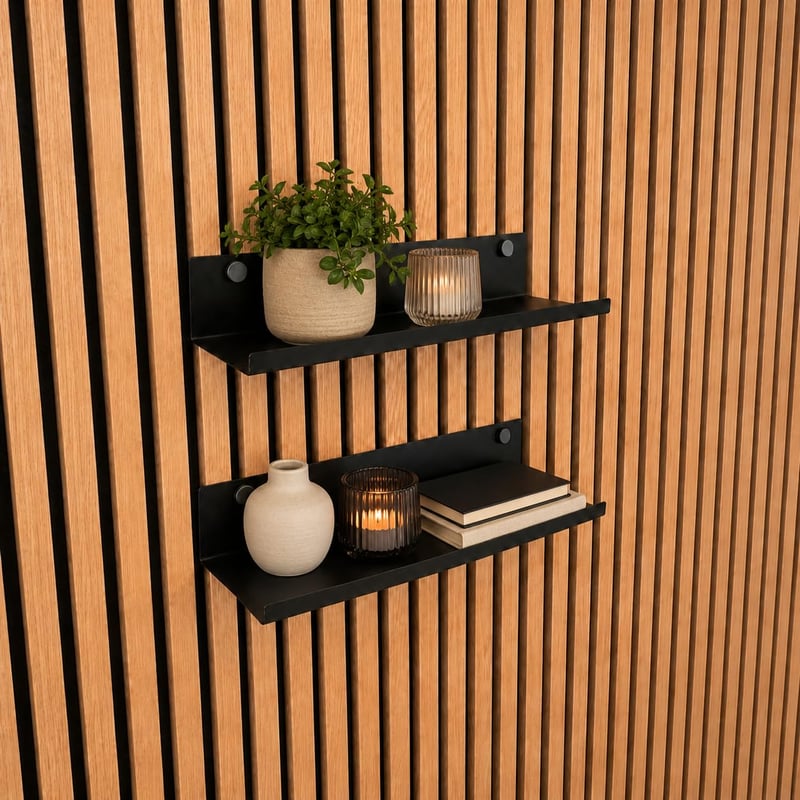 Vleugel Fúrás Nélküli Akusztikus Panel Polc – 50 cm, 2 db – Lebegő Fém Fali Polc Fekete – Akusztikus Panel Kiegészítő Dekorációhoz és Növényekhez