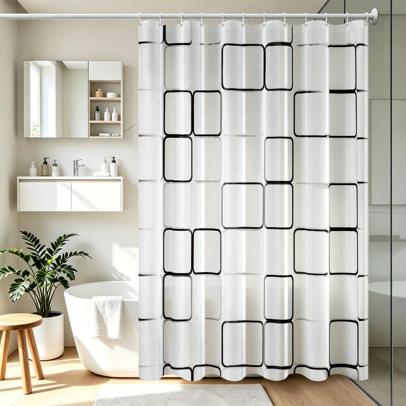Perdea de duș Vllcsla 180x220 cm, extra lungă, din PEVA, pentru baie, rezistentă la mucegai, antibacteriană, lavabilă, cu model în carouri mari