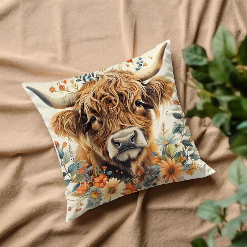 VLYX Highland Cattle Skót Dekoratív Párnahuzat Virágmintás Női Ajándék