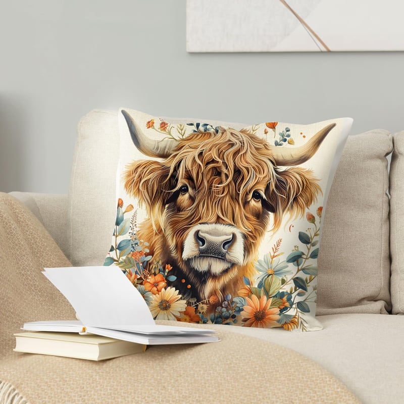 VLYX Highland Cattle Skót Dekoratív Párnahuzat Virágmintás Női Ajándék