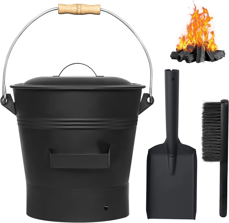Vnierxful 10 literes hamutartó fedéllel, lapáttal és kefével - kandalló és grillhez