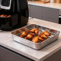 Tavă de copt pătrată din oțel inoxidabil VNLCPX cu grătar, 21x21x5 cm - Tavă compatibilă cu friteuza cu aer cald (Airfryer) și cuptorul 2