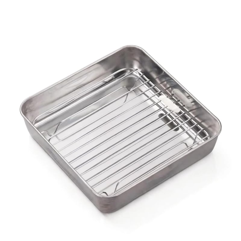 Tavă de copt pătrată din oțel inoxidabil VNLCPX cu grătar, 21x21x5 cm - Tavă compatibilă cu friteuza cu aer cald (Airfryer) și cuptorul