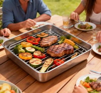 Tavă de copt pătrată din oțel inoxidabil VNLCPX cu grătar, 21x21x5 cm - Tavă compatibilă cu friteuza cu aer cald (Airfryer) și cuptorul 4
