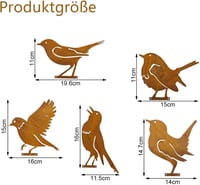 Voarge 5 db Rozsdás Madár Kerti Dekoráció - Patinás Vas Madár Figurák Fára, Kerítésre - Kézműves Fém Kerti Díszek Rögzítőcsavarral 2
