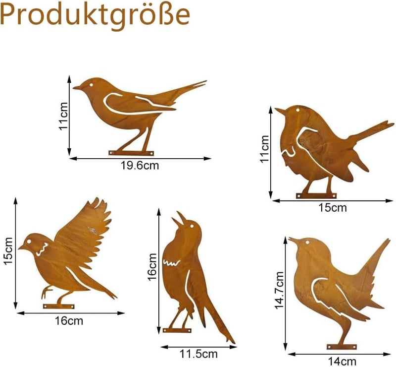 Voarge 5 db Rozsdás Madár Kerti Dekoráció - Patinás Vas Madár Figurák Fára, Kerítésre - Kézműves Fém Kerti Díszek Rögzítőcsavarral